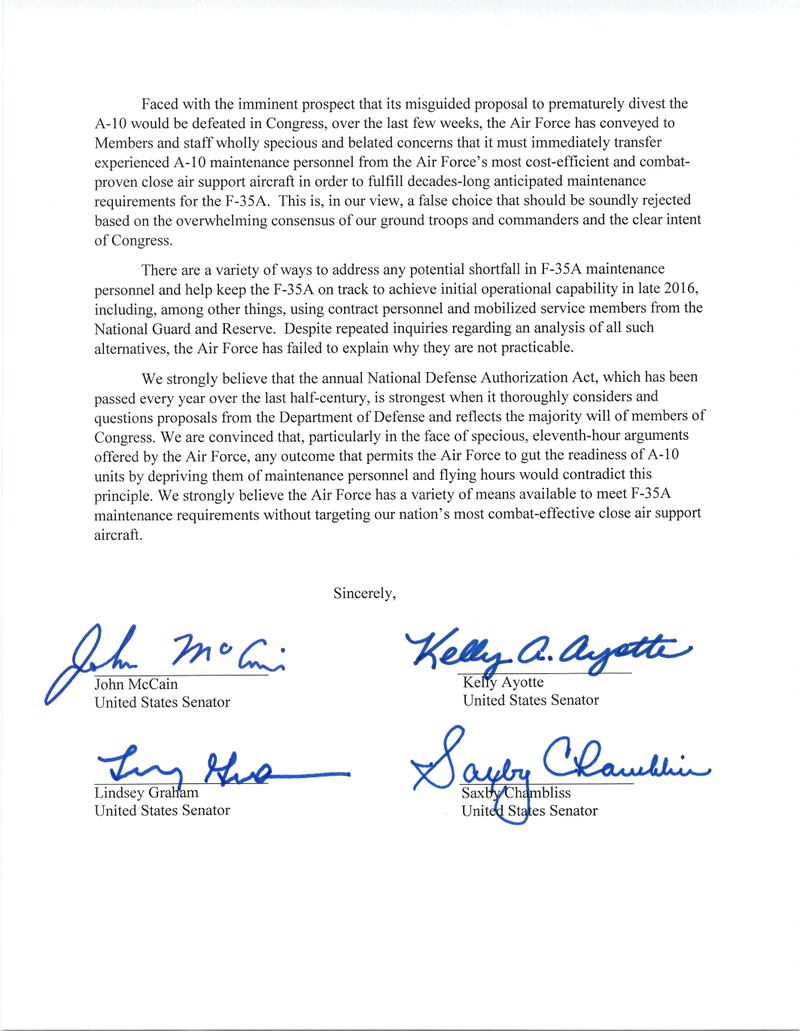 Illustration for article titled Four Key US Senators Sign Letter In Full Support Of The A-10 Warthog